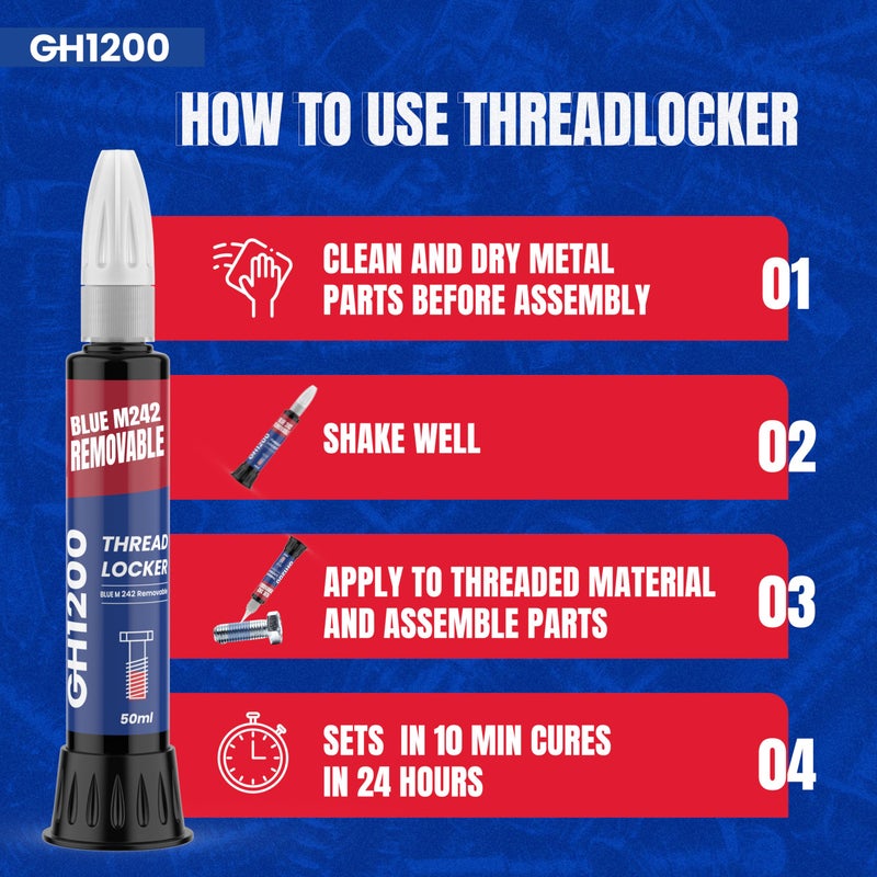 GH1200-50ML Blue Thread Lock Medium Strength for Nuts, Bolts, and Metals - Threadlocker Lock Tight & Seal Fasteners with Stable and Consistent Performance - Image 3